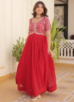 Faux Blooming Red Party Wear Embroidery Work Readymade Gown